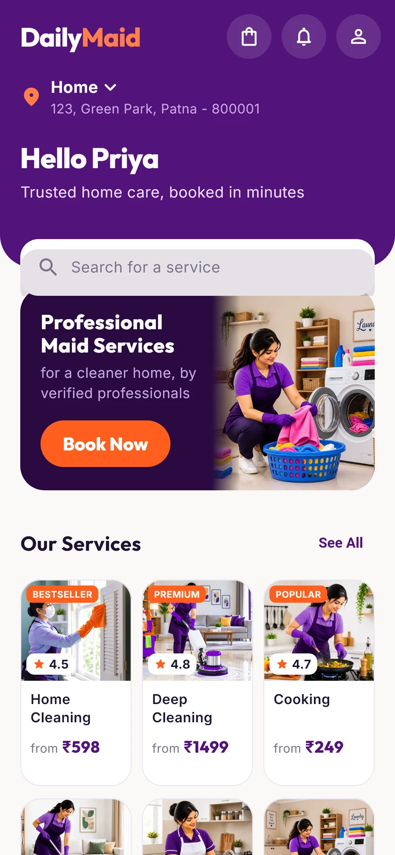 DailyMaid app home screen with services and prices