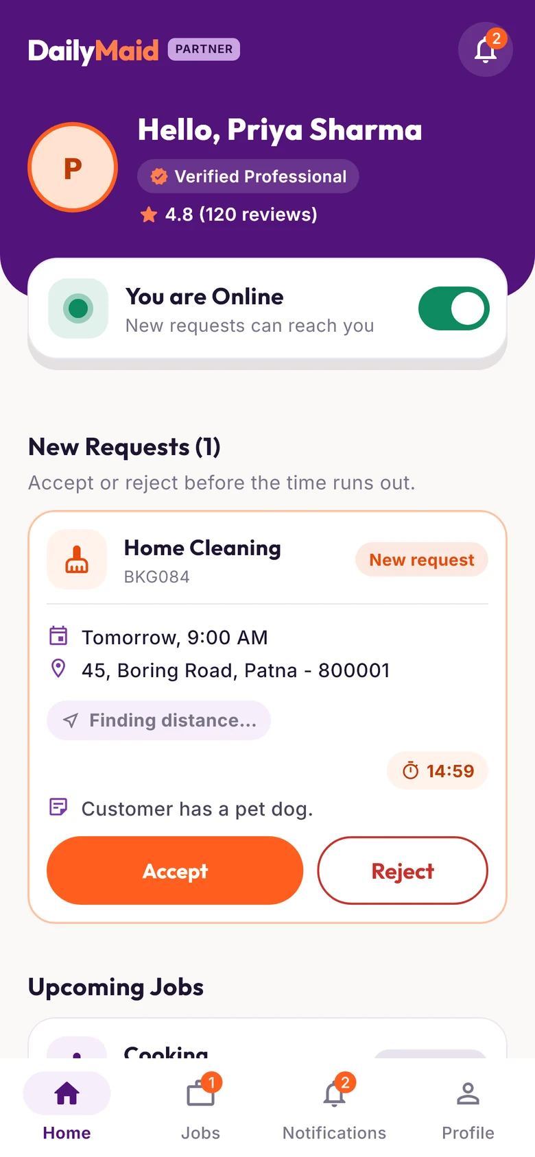 Partner app: Hello Priya Sharma, online, a new job request