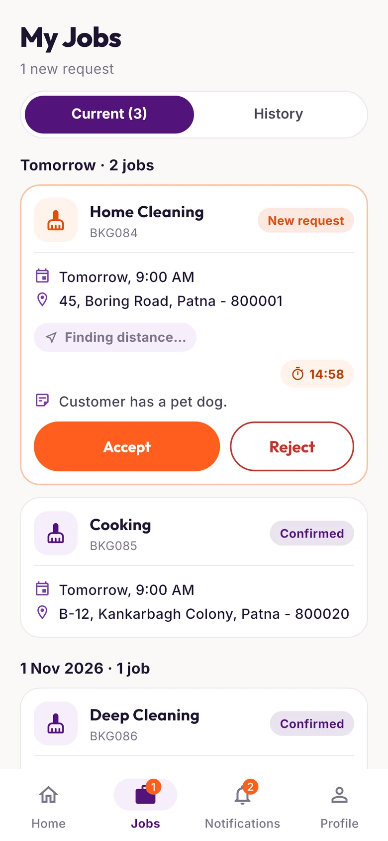 Partner app: her jobs grouped by day