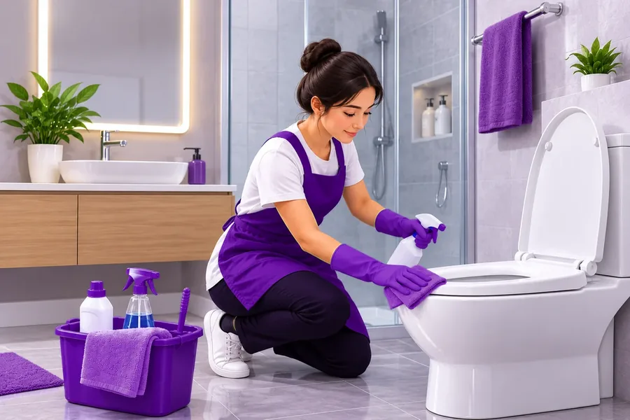 Maid cleaning a bathroom