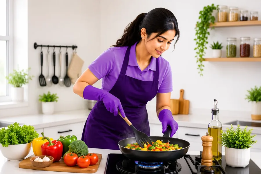Maid cooking in a home kitchen
