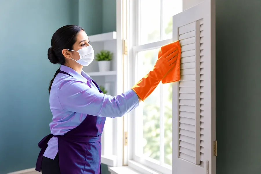 Maid cleaning a window