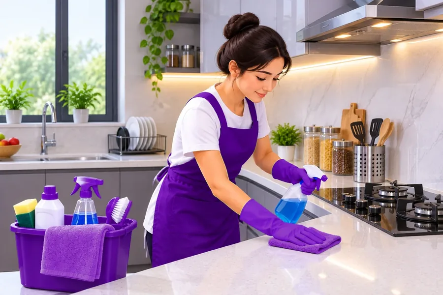 Maid wiping a kitchen counter