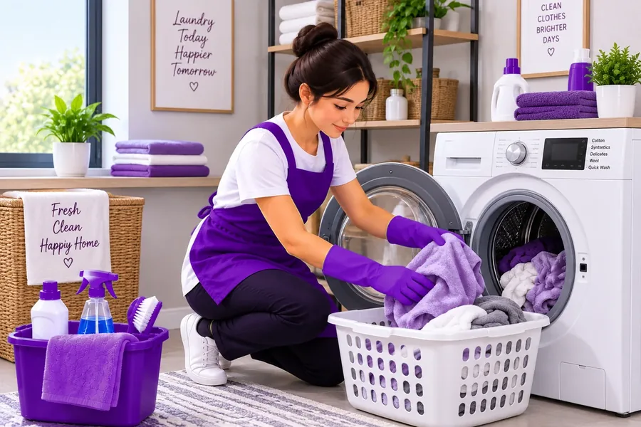 Maid loading a washing machine